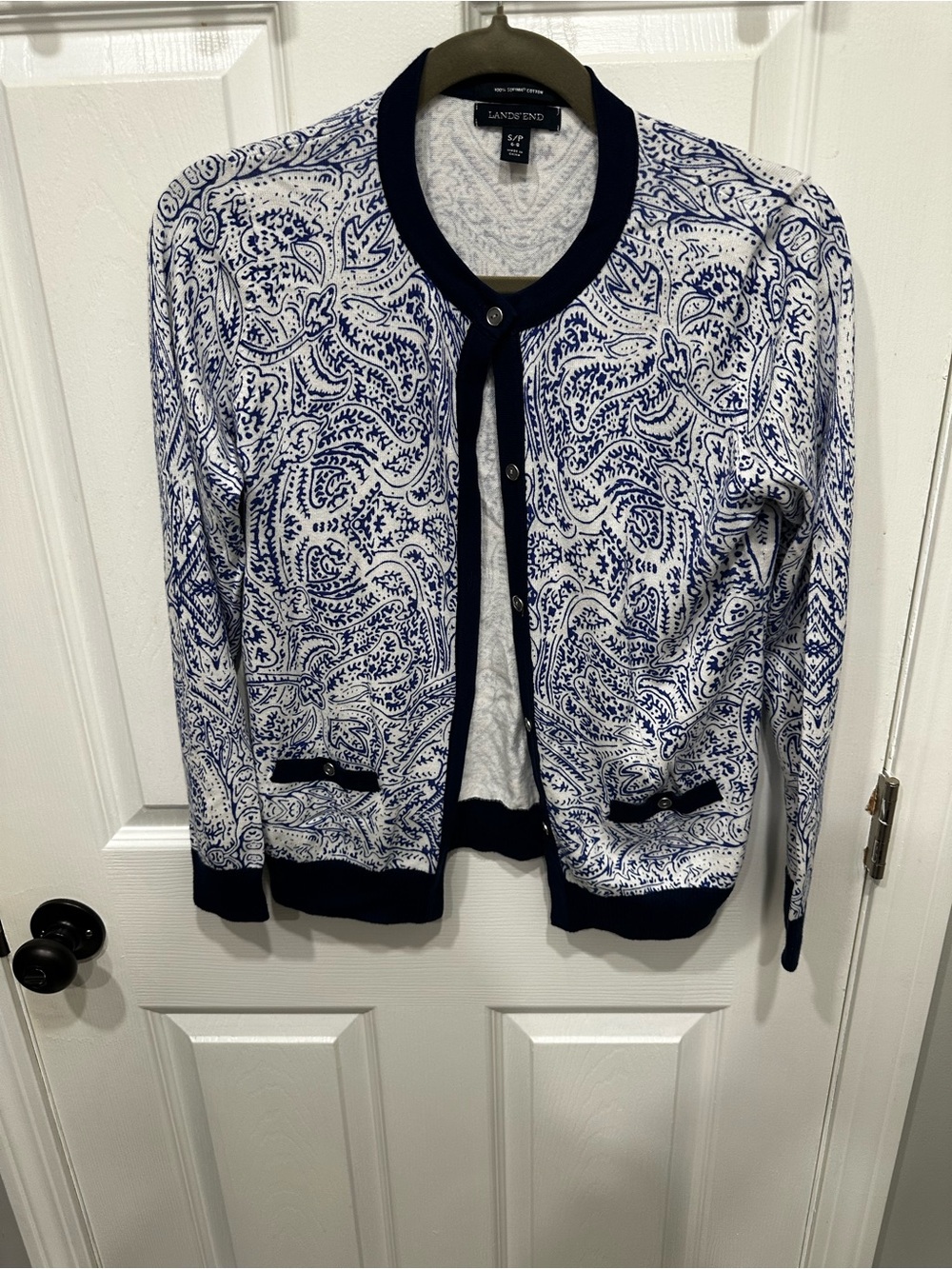 Lands' End Navy & White Paisley Button-Front Cardigan
